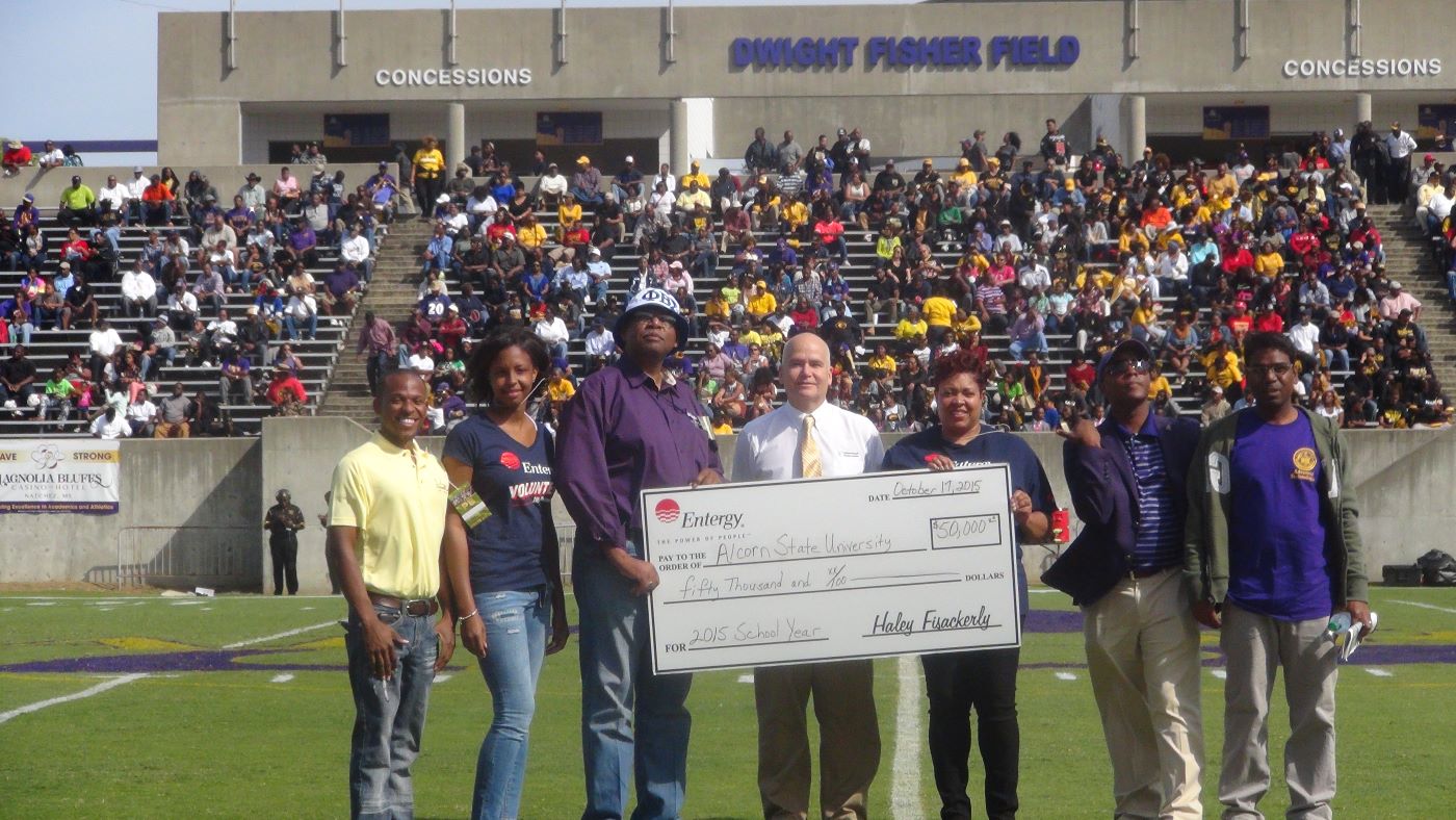 From left to right: Corey Cooper, WF3; Amber Harris, GGNS; Dr. Ivory Lyles, ASU dean; Roy Miller, GGNS radiation protection manager; Sheila McKinnis, EMI; Marcus Ward, ASU institutional advancement VP and Jermiah Billa, ASU health physics program.